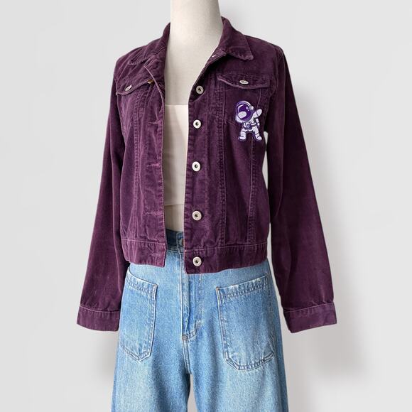 Purple Trucker Jacket 100% Cotton Sz 2 Spacecore Festival Y2K Semi Cropped - Picture 5 of 9